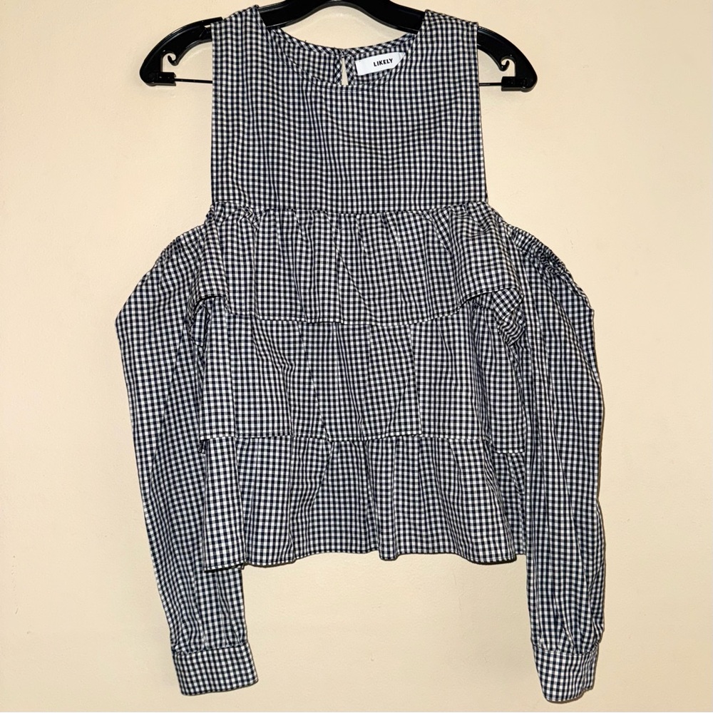 LIKELY Revolve Blue Plaid Cold Shoulder Ruffle Tiered Blouse Size L